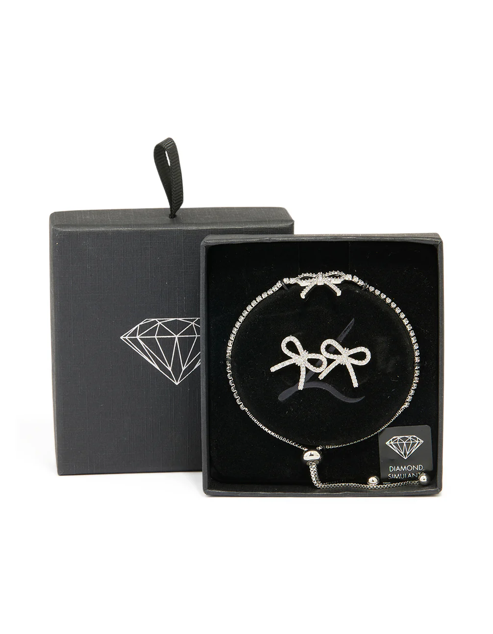 Silver Diamante Bow Toggle Bracelet & Earrings Set - Image 3