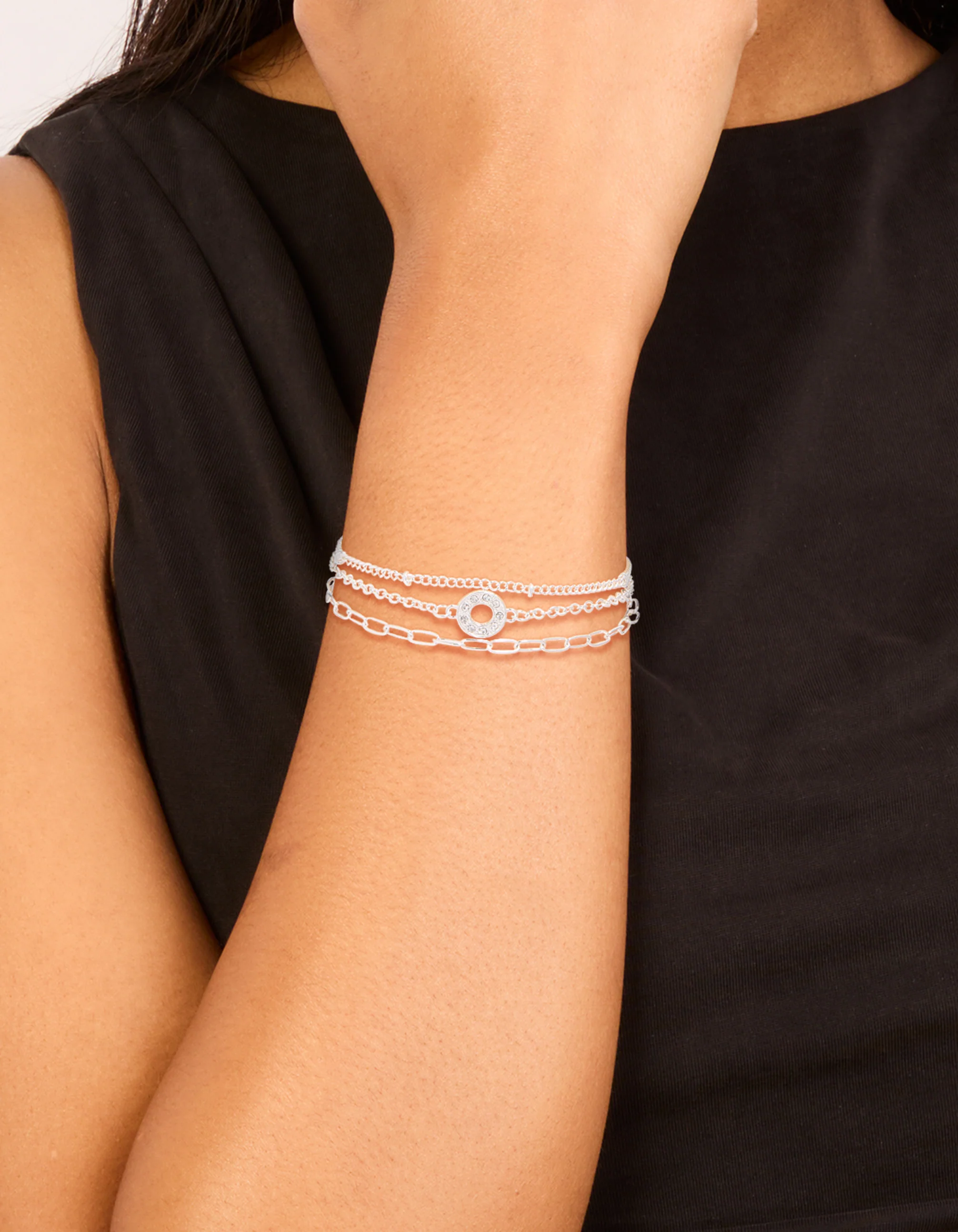 Silver Diamante Circle & Chain Bracelets 3-Pack