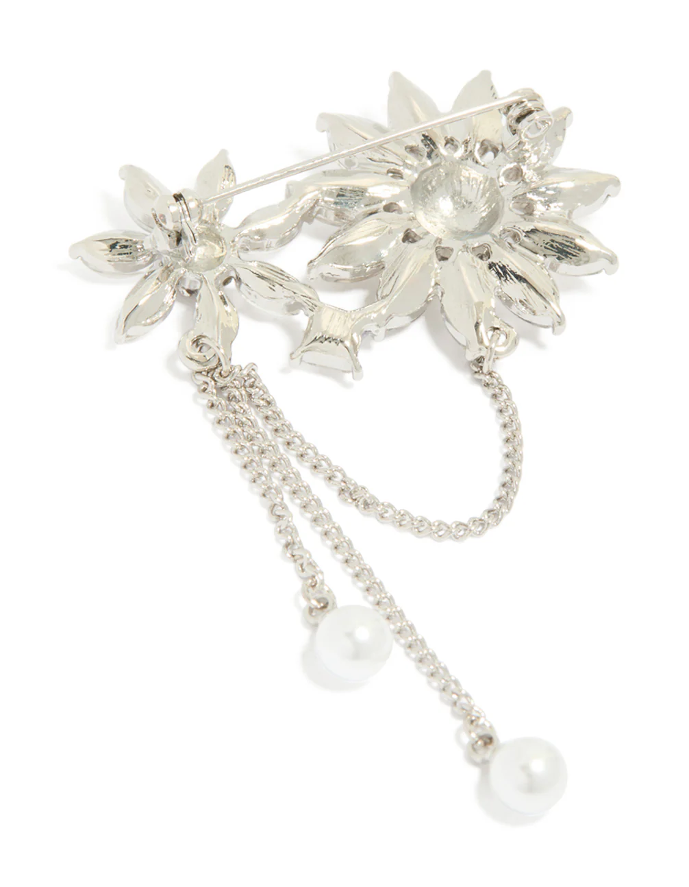 Silver Diamante Double Flower Chain Drop Brooch - Image 3