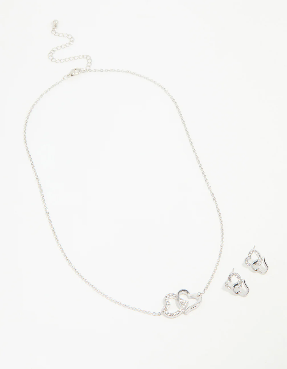Silver Diamante Double Heart Necklace & Stud Earrings Set - Image 2