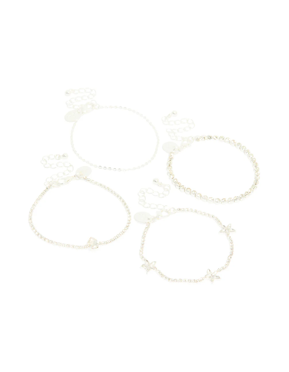 Silver Diamante Flower & Chain Bracelets 4-Pack