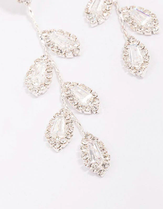 Silver Diamante Leaf Drop Earrings - Image 2