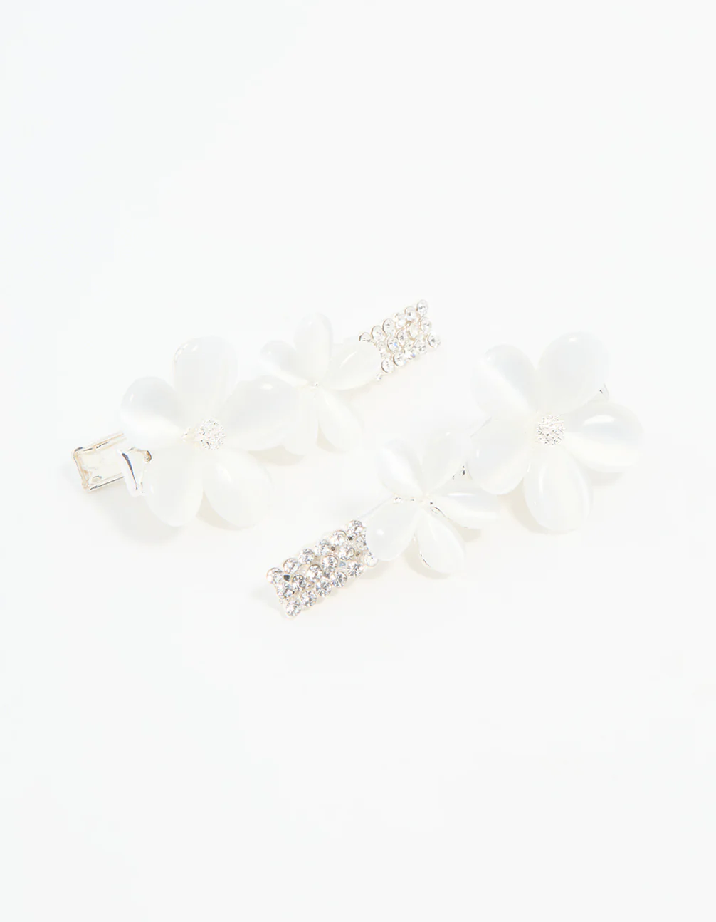 Silver Diamante Pave Double Flower Hair Clips 2-Pack