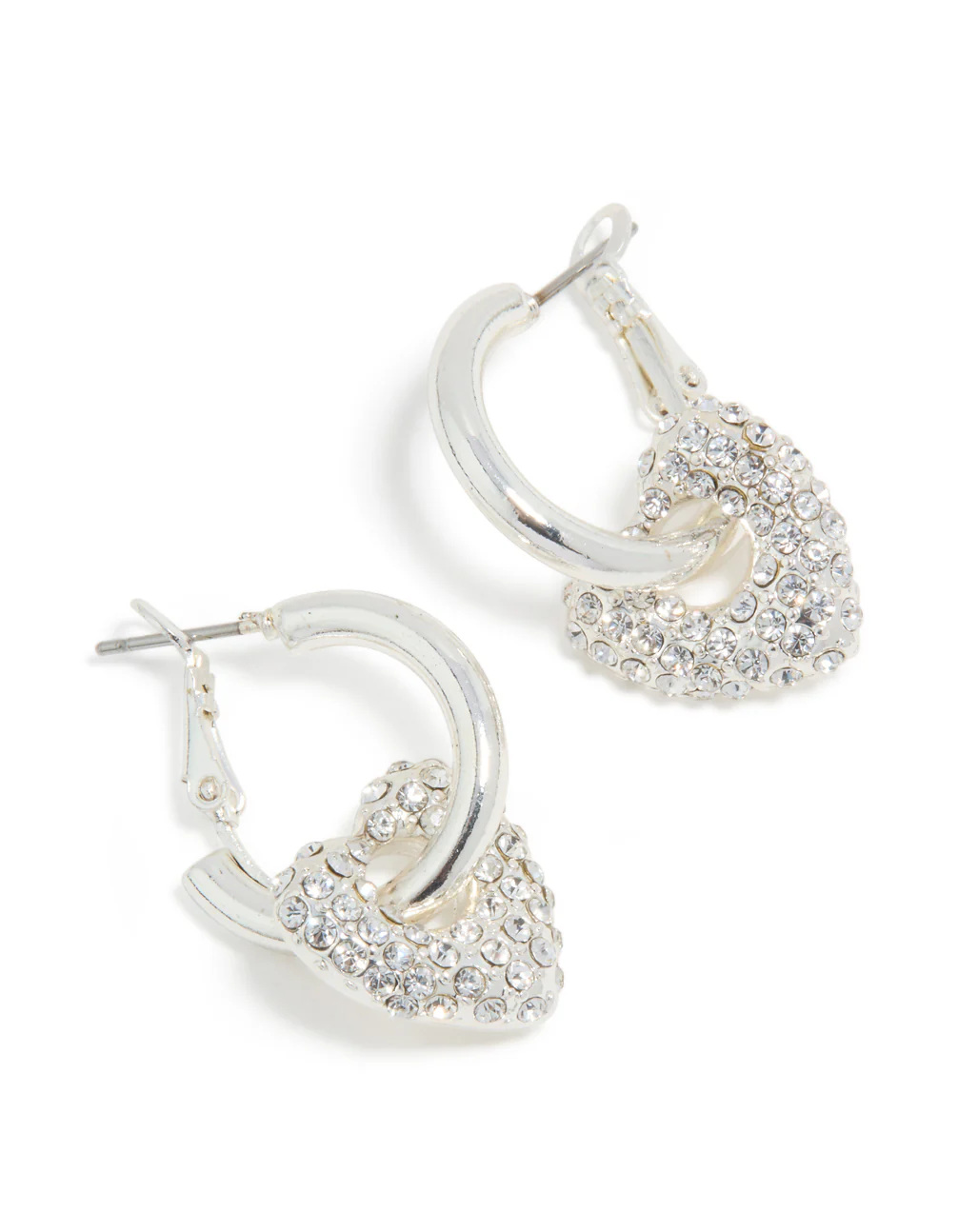 Silver Diamante Pavé Heart Huggie Earrings