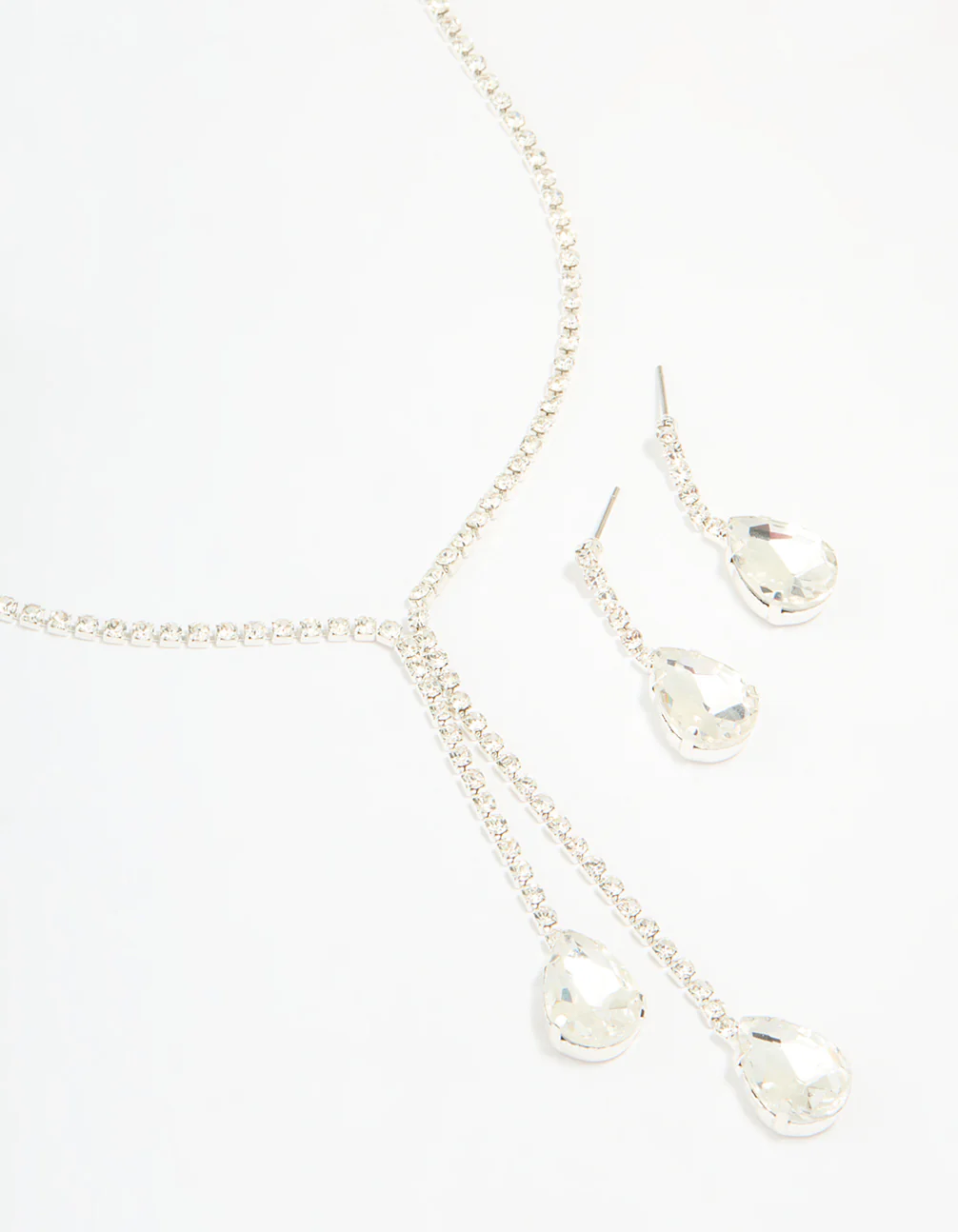 Silver Diamante Pearl Drop Y-Necklace & Earrings Set