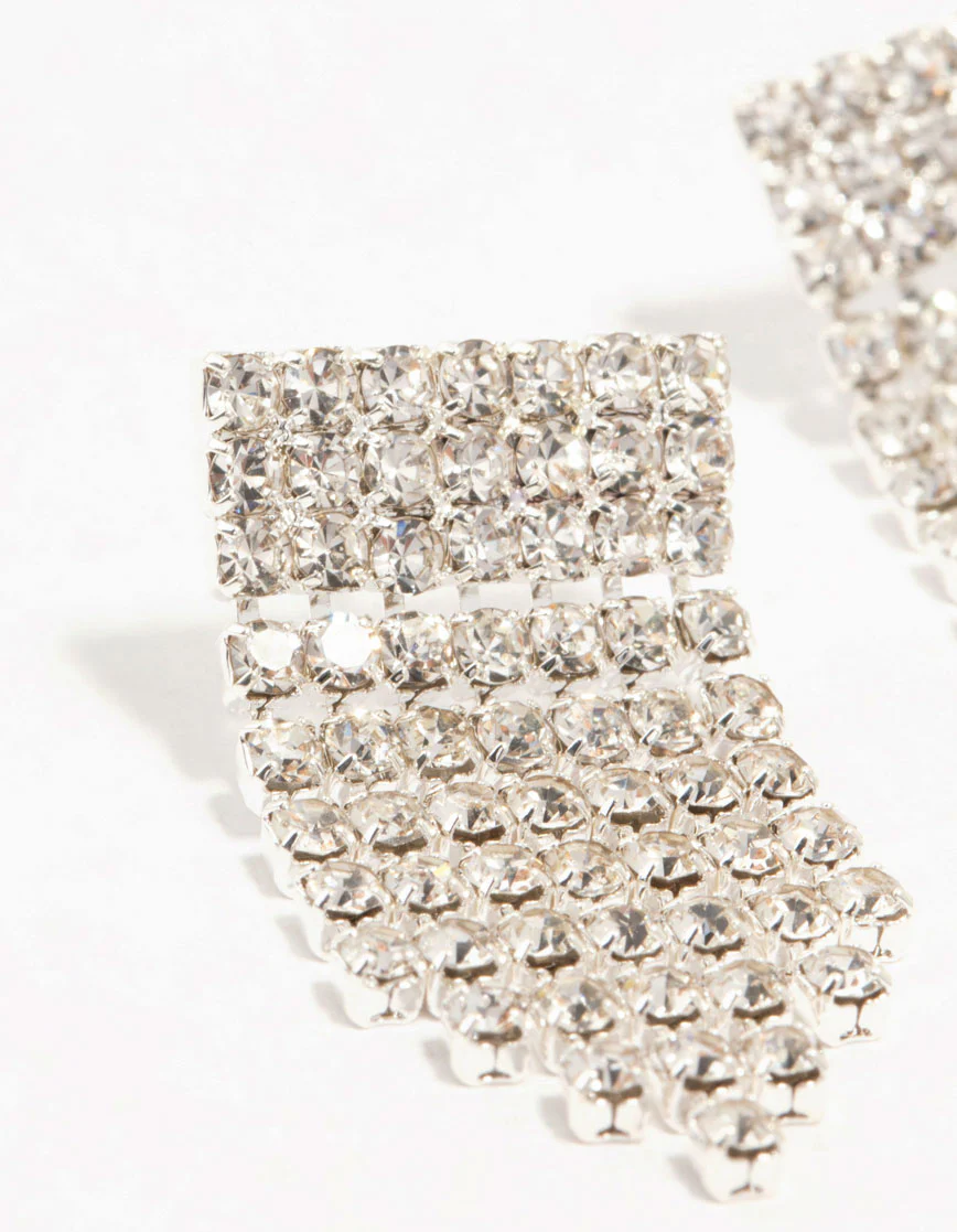 Silver Diamante Square Cup Chain Stud Earrings 2-Pack - Image 2