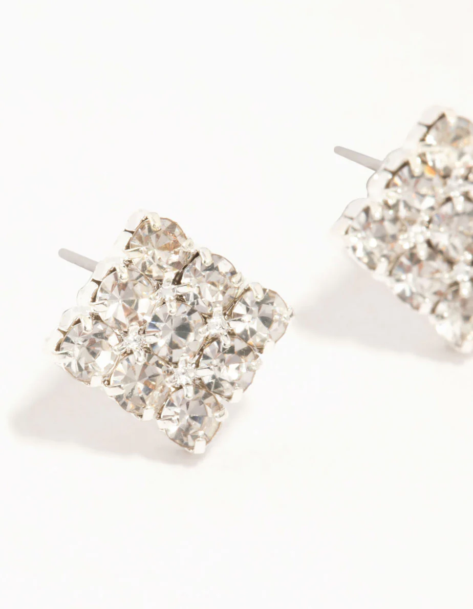 Silver Diamante Square Cup Chain Stud Earrings 2-Pack - Image 3