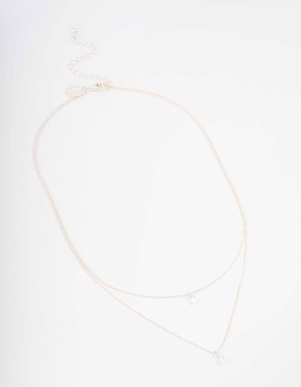 Silver Double Chain Floating Diamante Necklace - Image 3