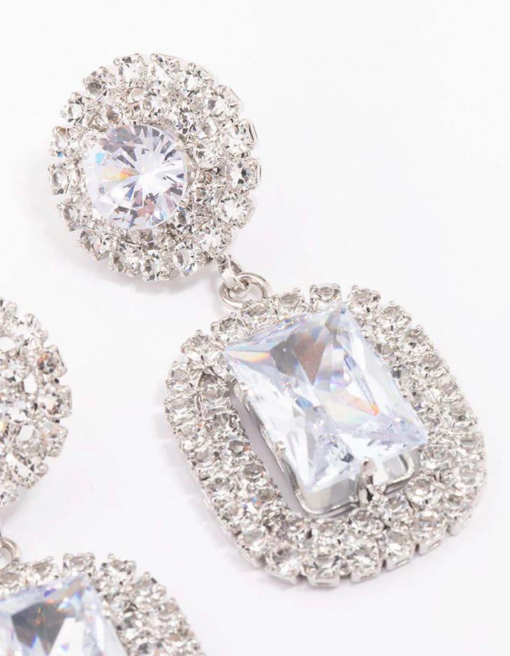 Silver Double Stone Statement Drop Earrings - Image 4