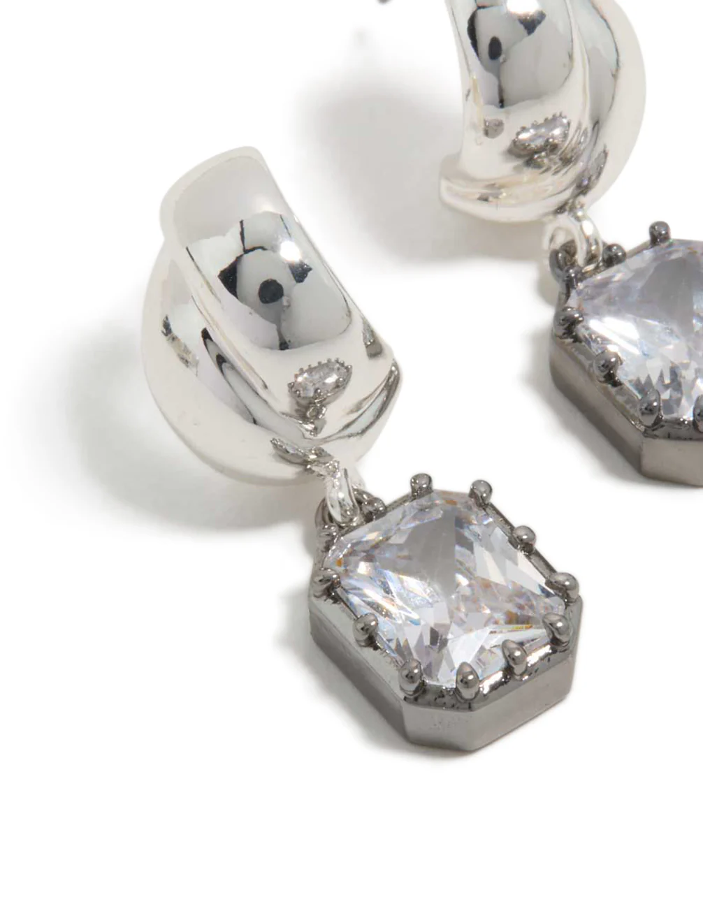 Silver & Gunmetal Plated Cubic Zirconia Square Drop Earrings - Image 4