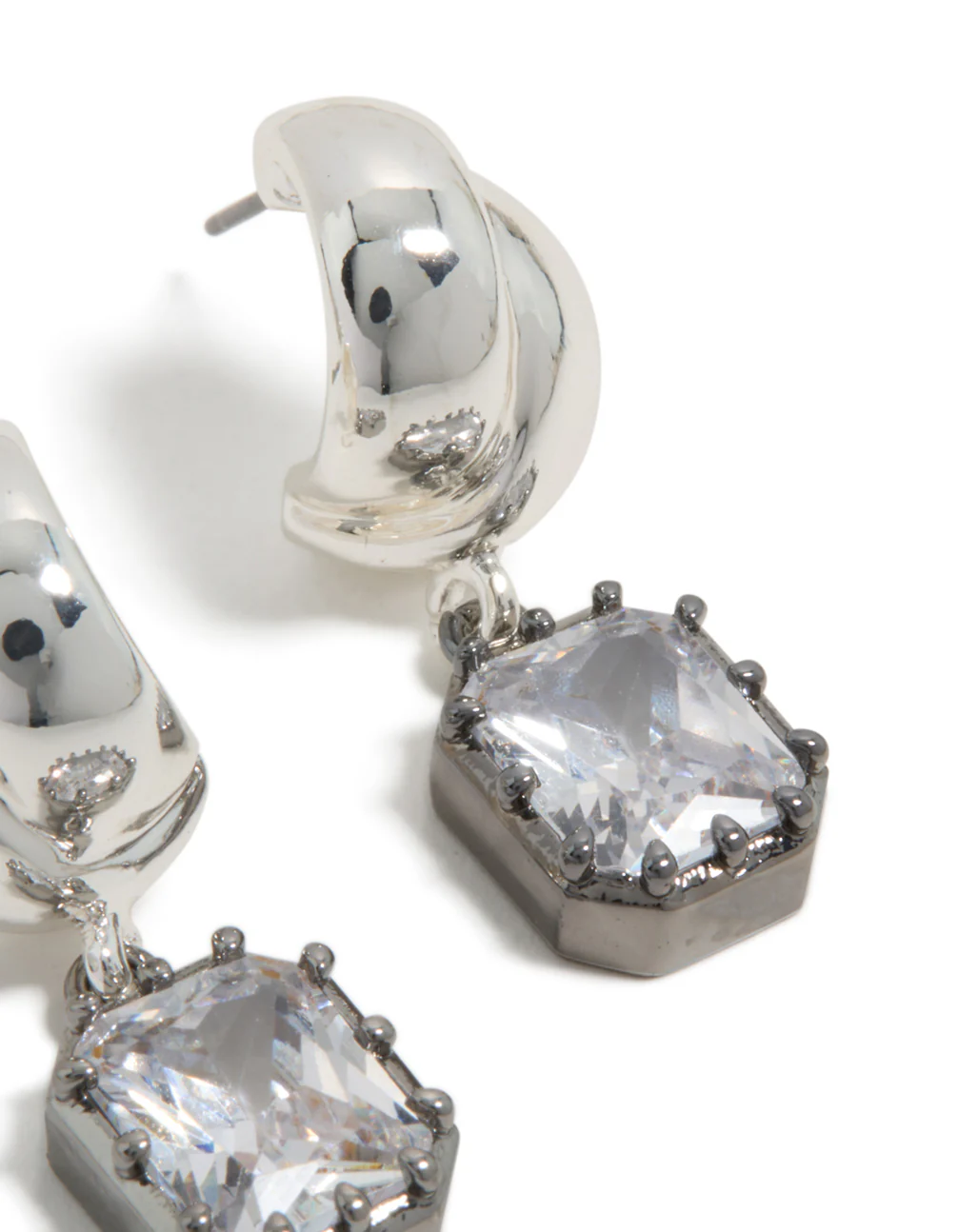 Silver & Gunmetal Plated Cubic Zirconia Square Drop Earrings - Image 5