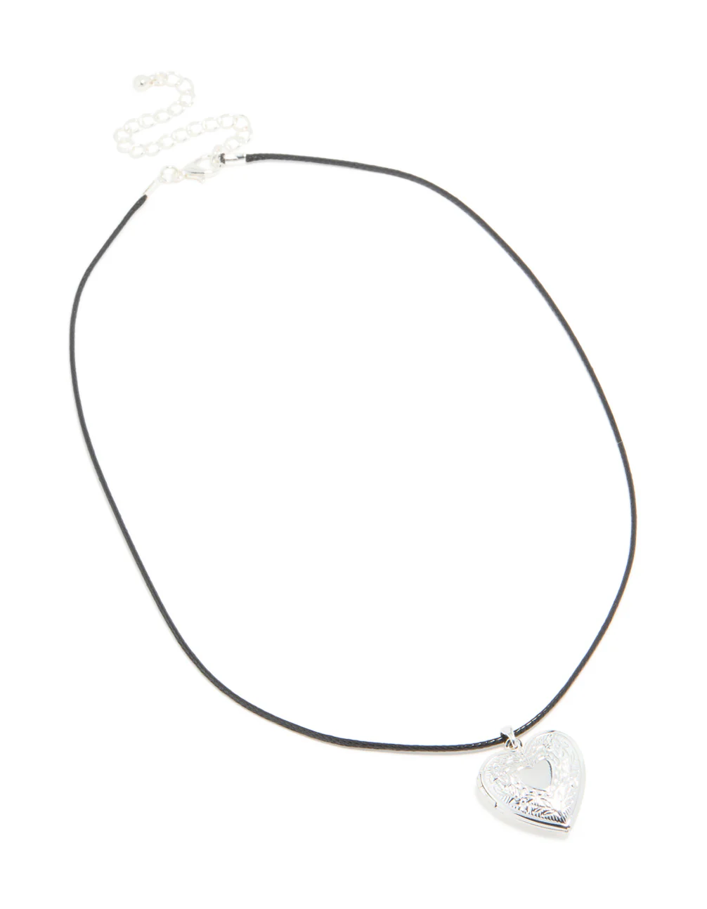 Silver Heart Locket Black Cord Necklace - Image 4