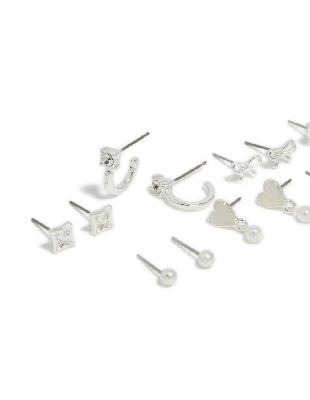 Silver Heart & Pearl Studs Earrings 7-Pack - Image 2