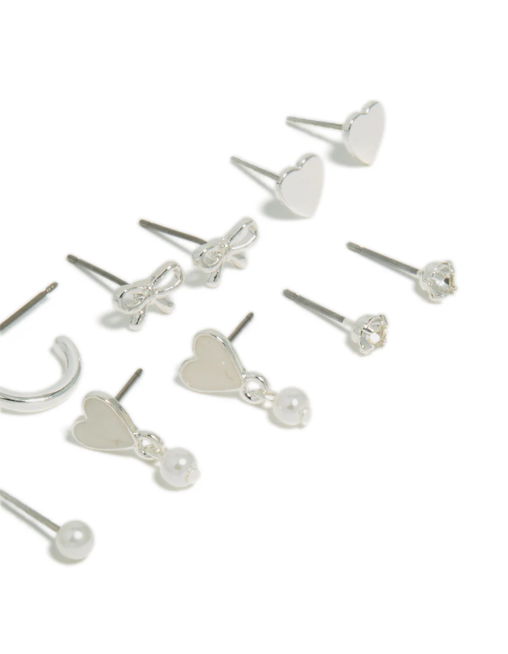 Silver Heart & Pearl Studs Earrings 7-Pack - Image 3