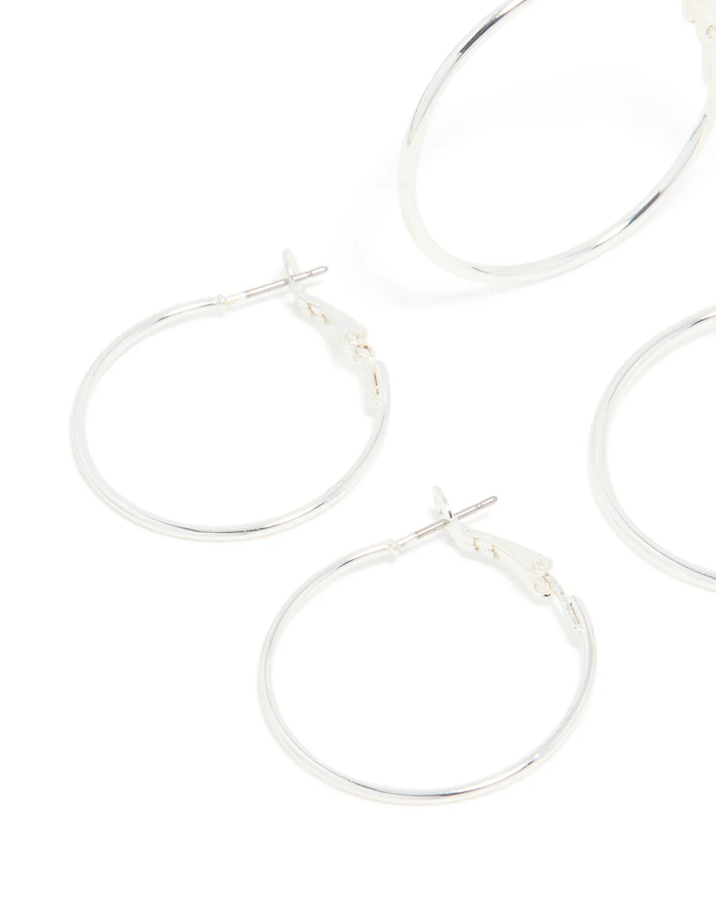 Silver Medium Smooth & Textured Hoop Earrings 3-Pack - Image 4