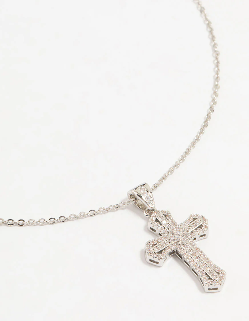 Silver Plated Mini Radiant Cubic Zirconia Cross Necklace