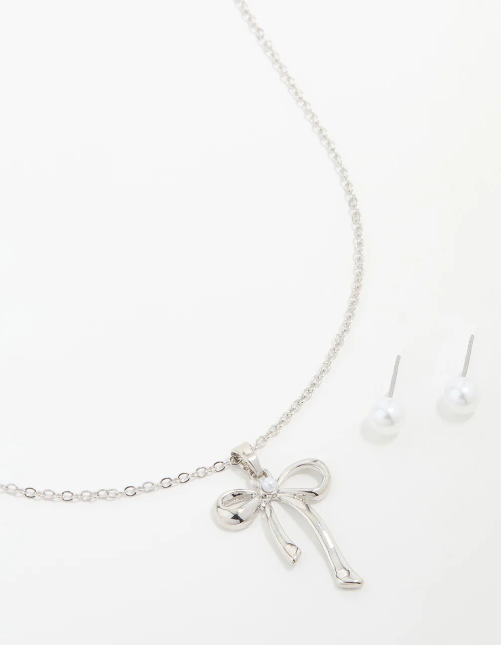 Silver Pearl Bow Necklace & Stud Earrings Set