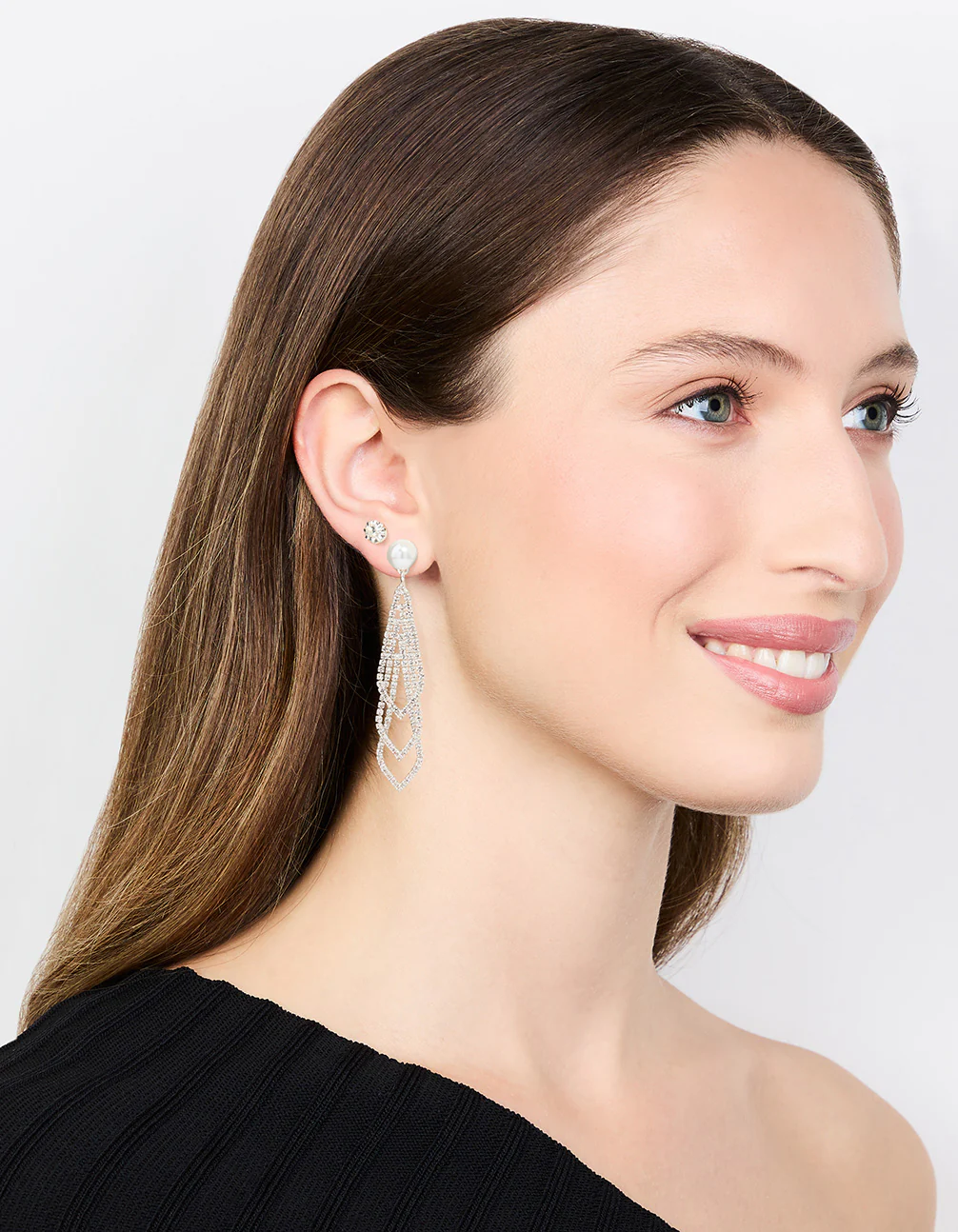 Silver Diamante Pearl Triangular Layered Earrings 2-Pack - Image 3