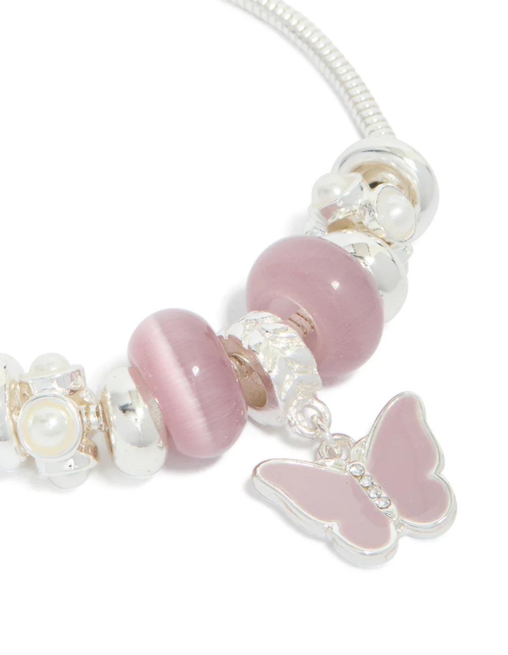 Silver Pink Bead & Butterfly Charm Toggle Bracelet - Image 4
