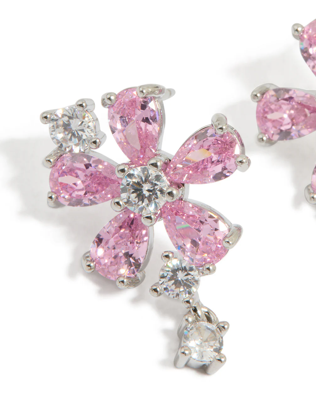 Silver Pink Cubic Zirconia Flower Stud Earrings - Image 2