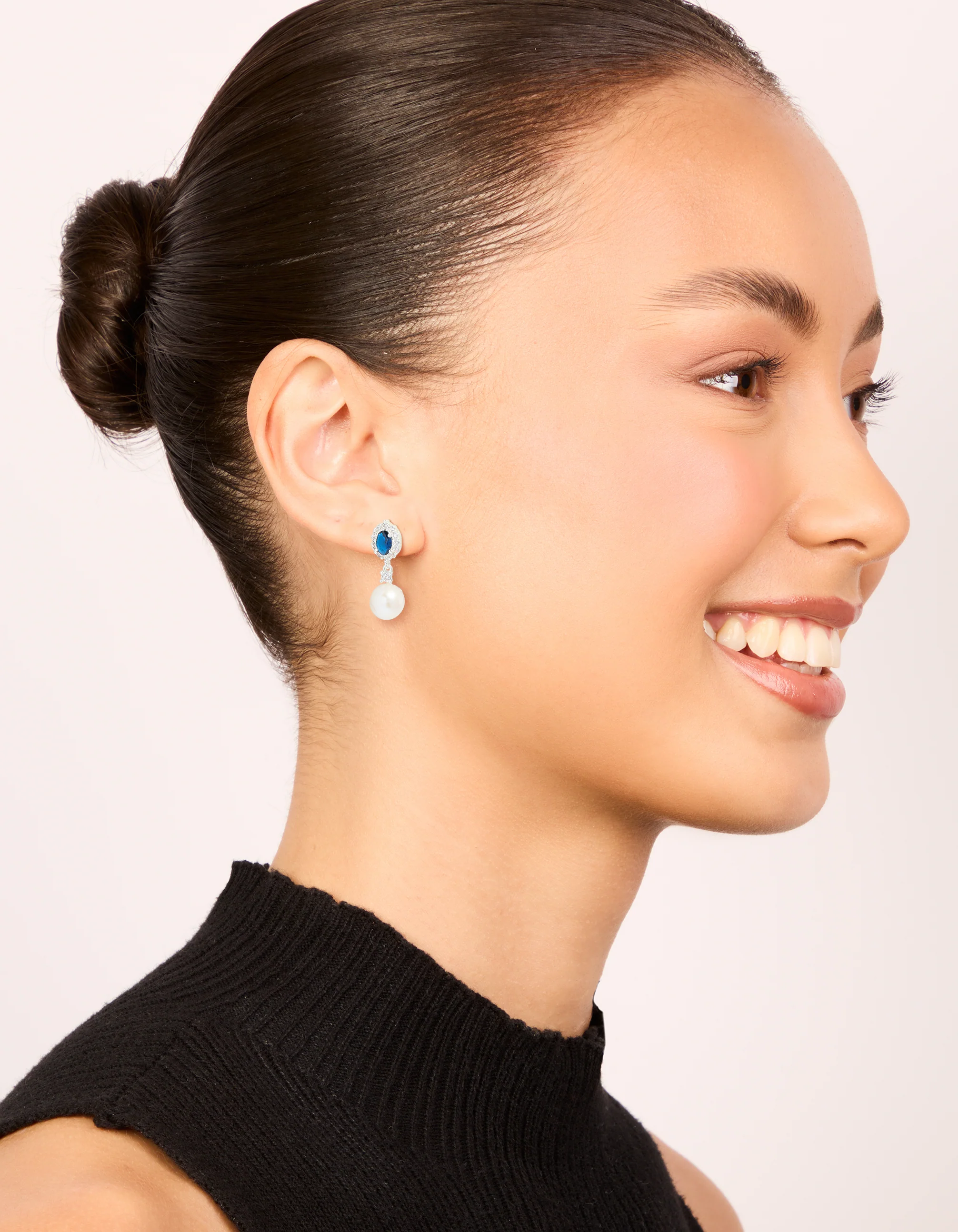 Silver Plated Blue Cubic Zirconia & Freshwater Pearl Halo Drop Earrings - Image 3