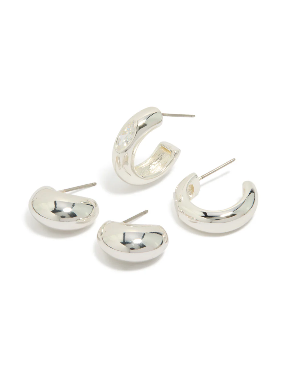 Silver Plated Cubic Zirconia Bezel & Chubby Open Hoop Earrings 2-Pack