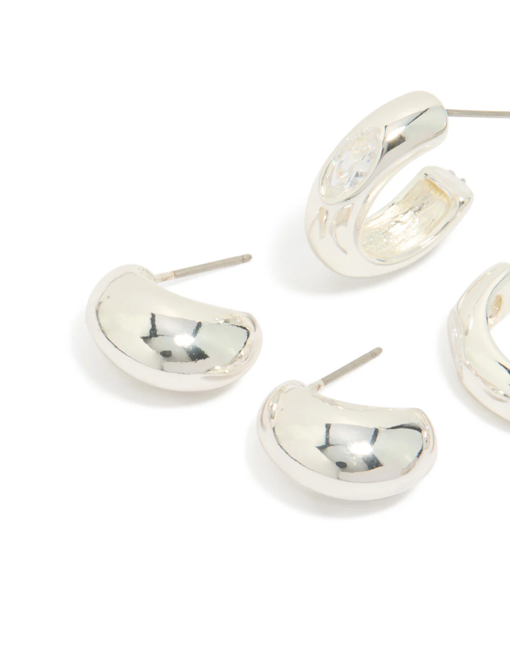 Silver Plated Cubic Zirconia Bezel & Chubby Open Hoop Earrings 2-Pack - Image 2