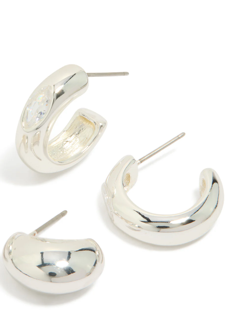 Silver Plated Cubic Zirconia Bezel & Chubby Open Hoop Earrings 2-Pack - Image 3