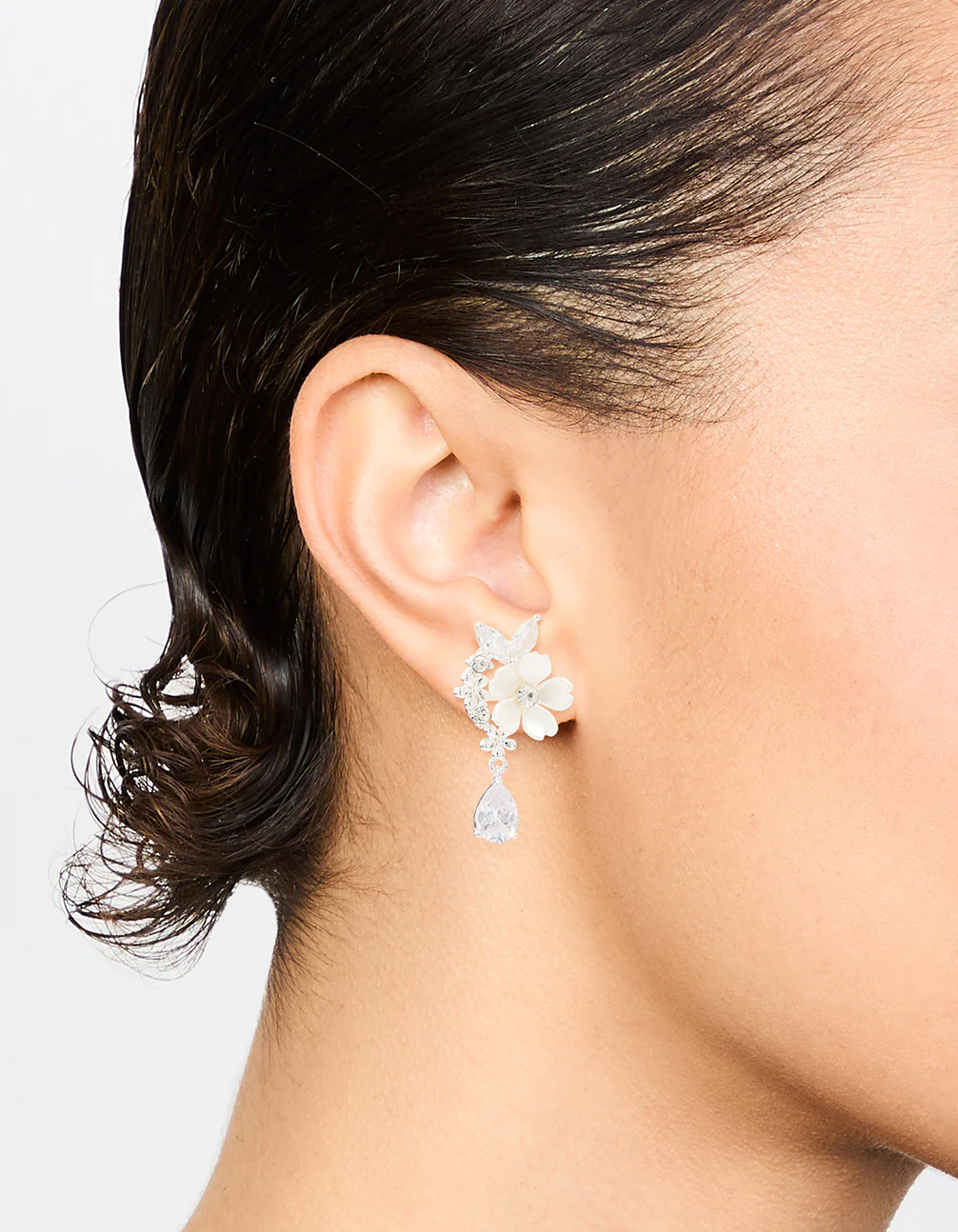 Silver Plated Cubic Zirconia Flower Drop Earrings - Image 2