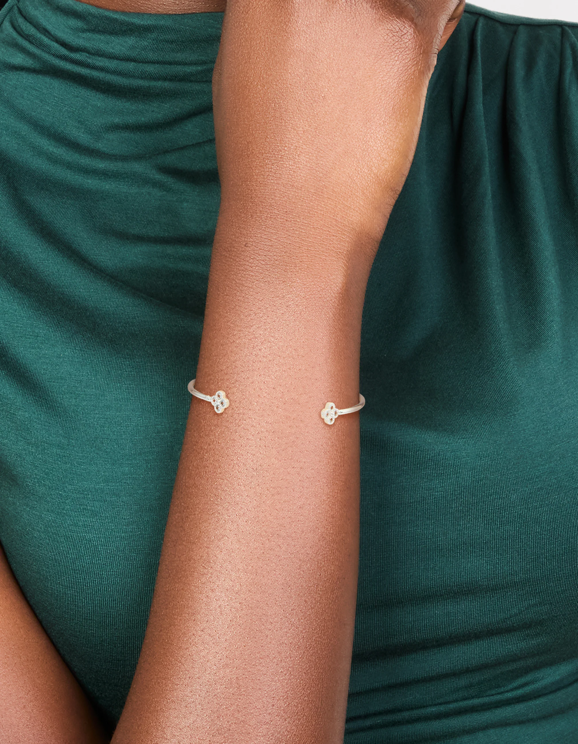 Silver Plated Cubic Zirconia Flower Wrist Cuff - Image 2