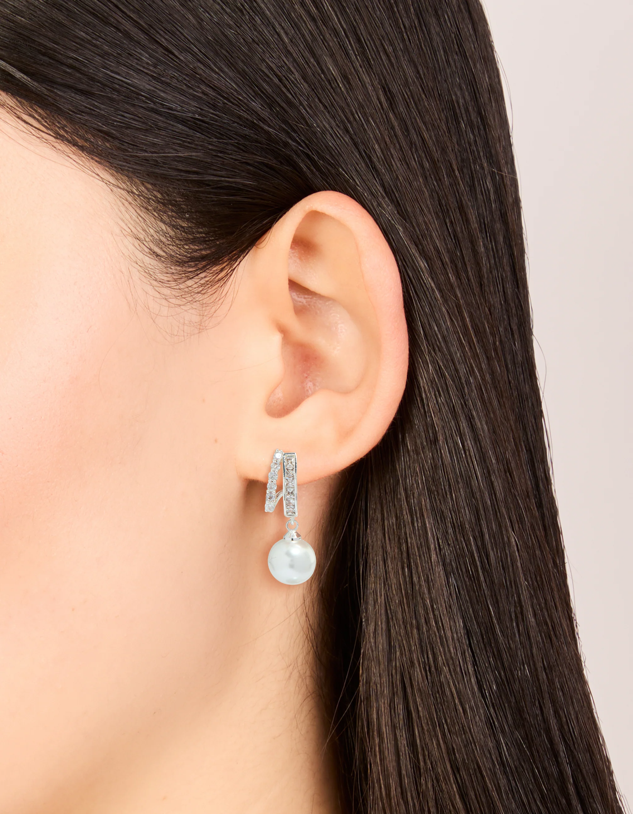 Silver Plated Cubic Zirconia Illusion Pearl Drop Earrings - Image 2