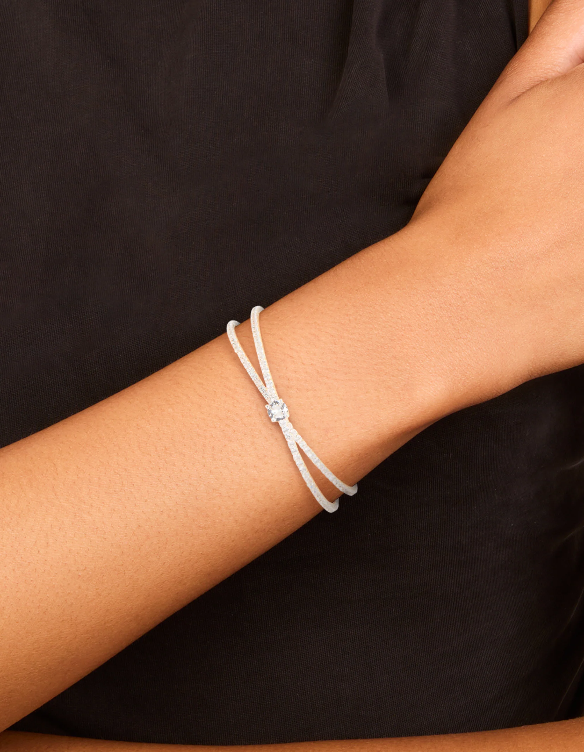 Silver Plated Cubic Zirconia Intersecting Wrist Cuff - Image 2
