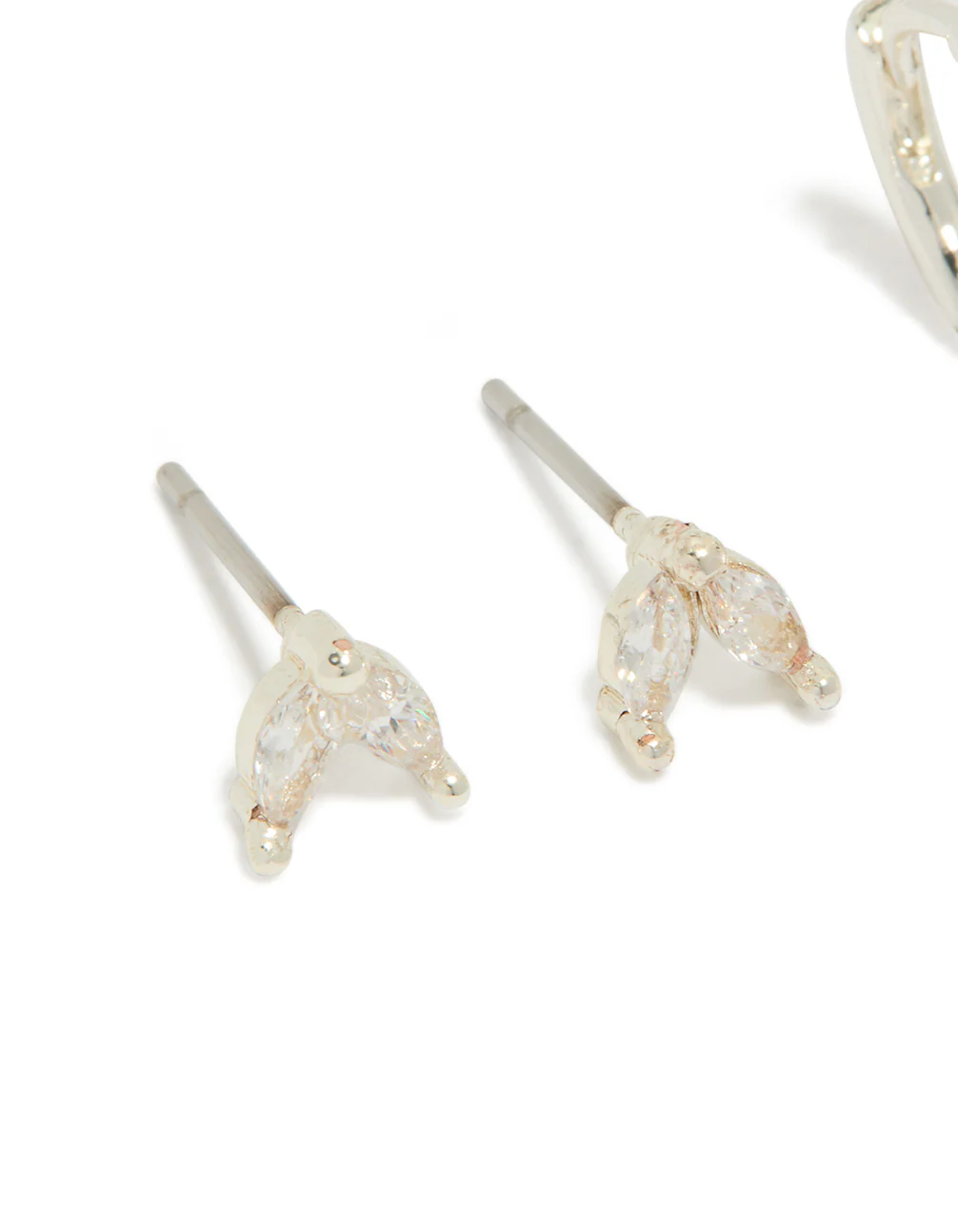 Silver Plated Cubic Zirconia Leaf Studs & Baguette Huggie Earrings 2-Pack - Image 4