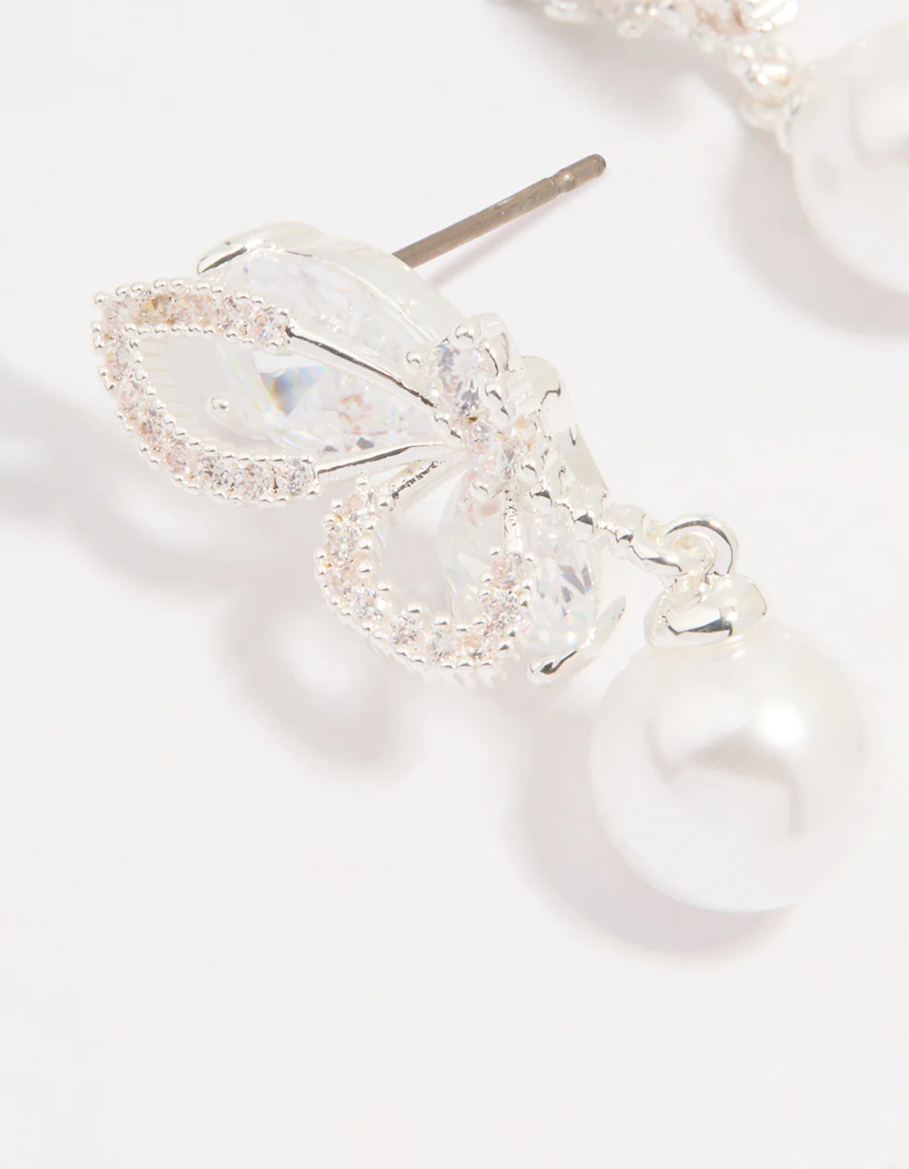 Silver Plated Cubic Zirconia Pearl Butterfly Drop Earrings - Image 4