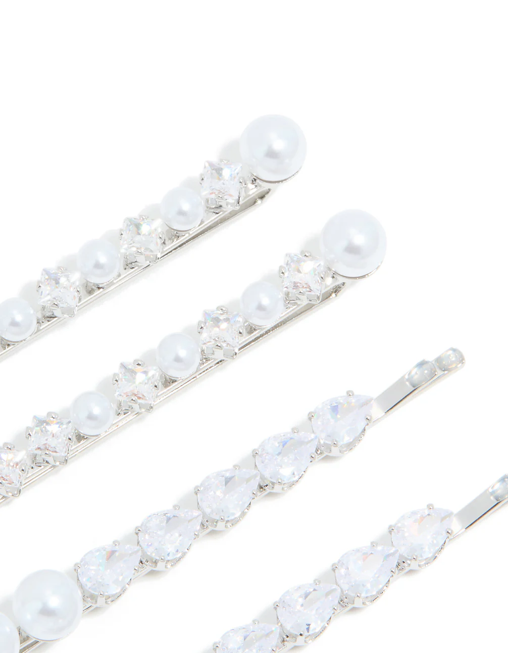Silver Plated Cubic Zirconia & Pearl Hair Clips 4-Pack - Image 3