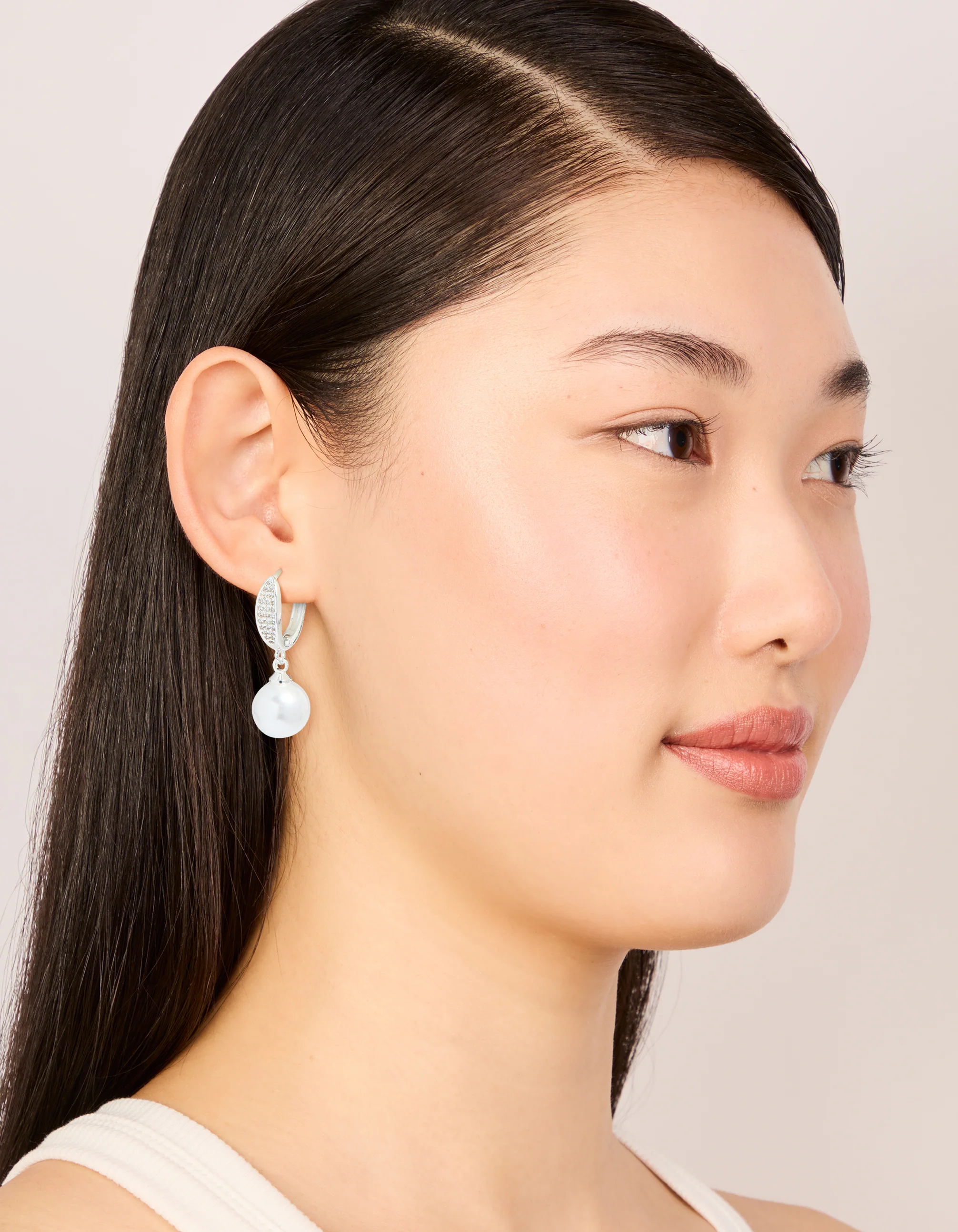 Silver Plated Cubic Zirconia Pearl Huggie Earrings - Image 3