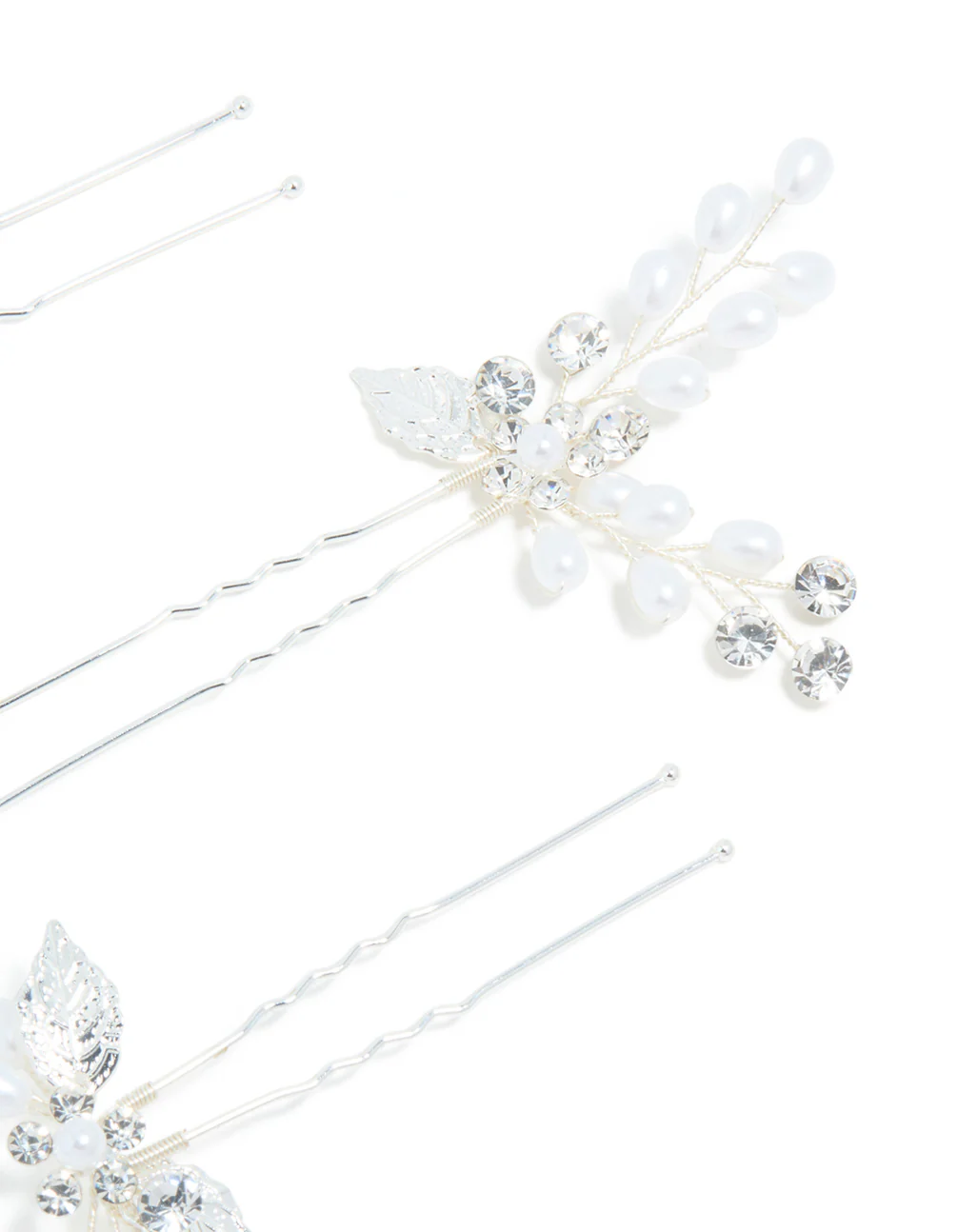 Silver Plated Cubic Zirconia Pearl Laurel Spray Flower Hair Clips 3-Pack - Image 3