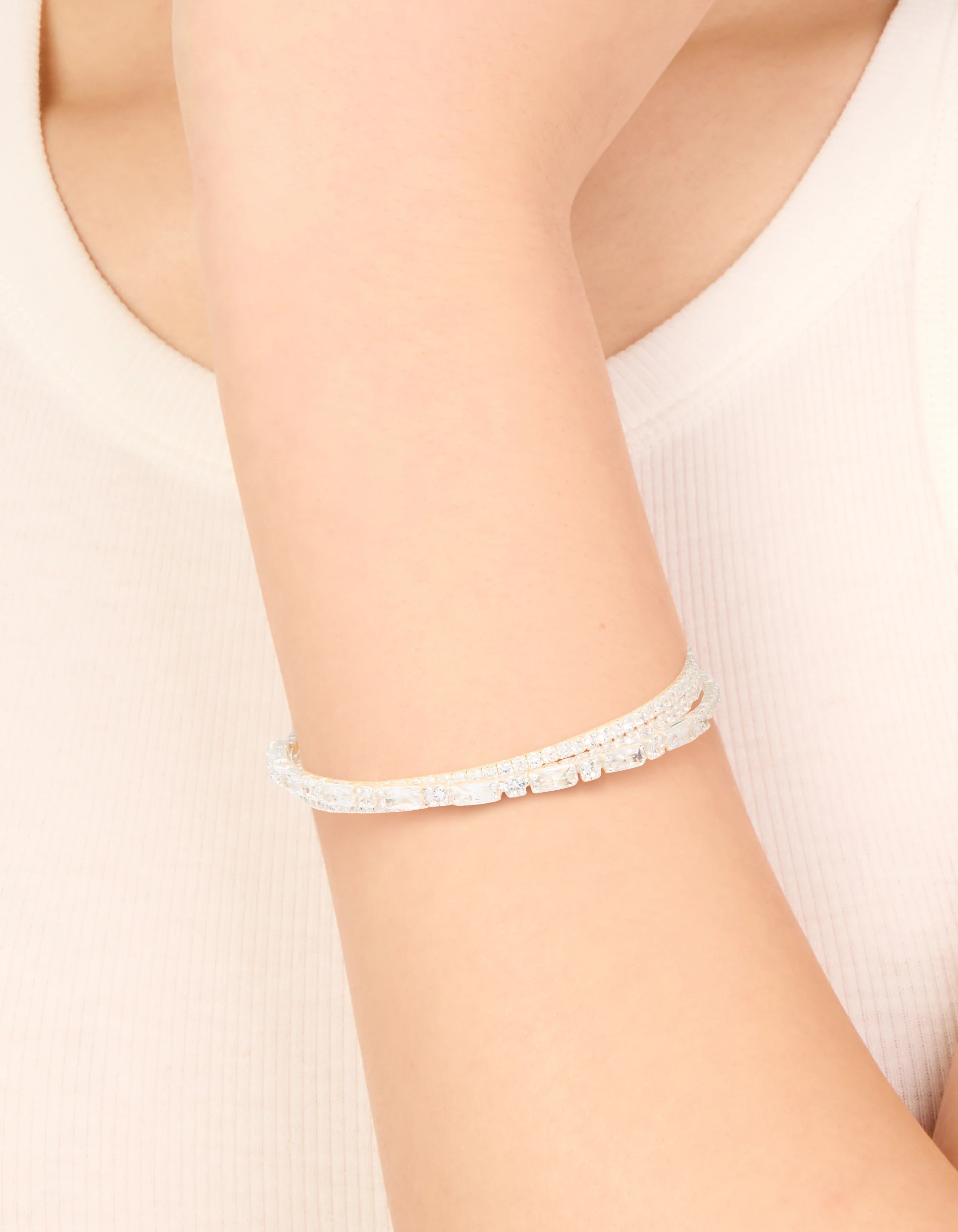 Silver Plated Cubic Zirconia Rectangle Layered Wrist Cuff - Image 2