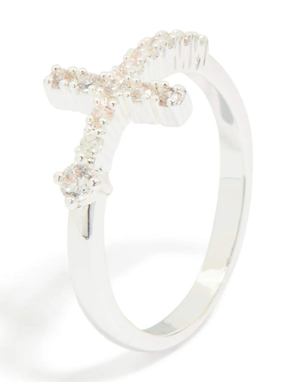 Silver Plated Cubic Zirconia Simple Side Cross Ring - Image 4