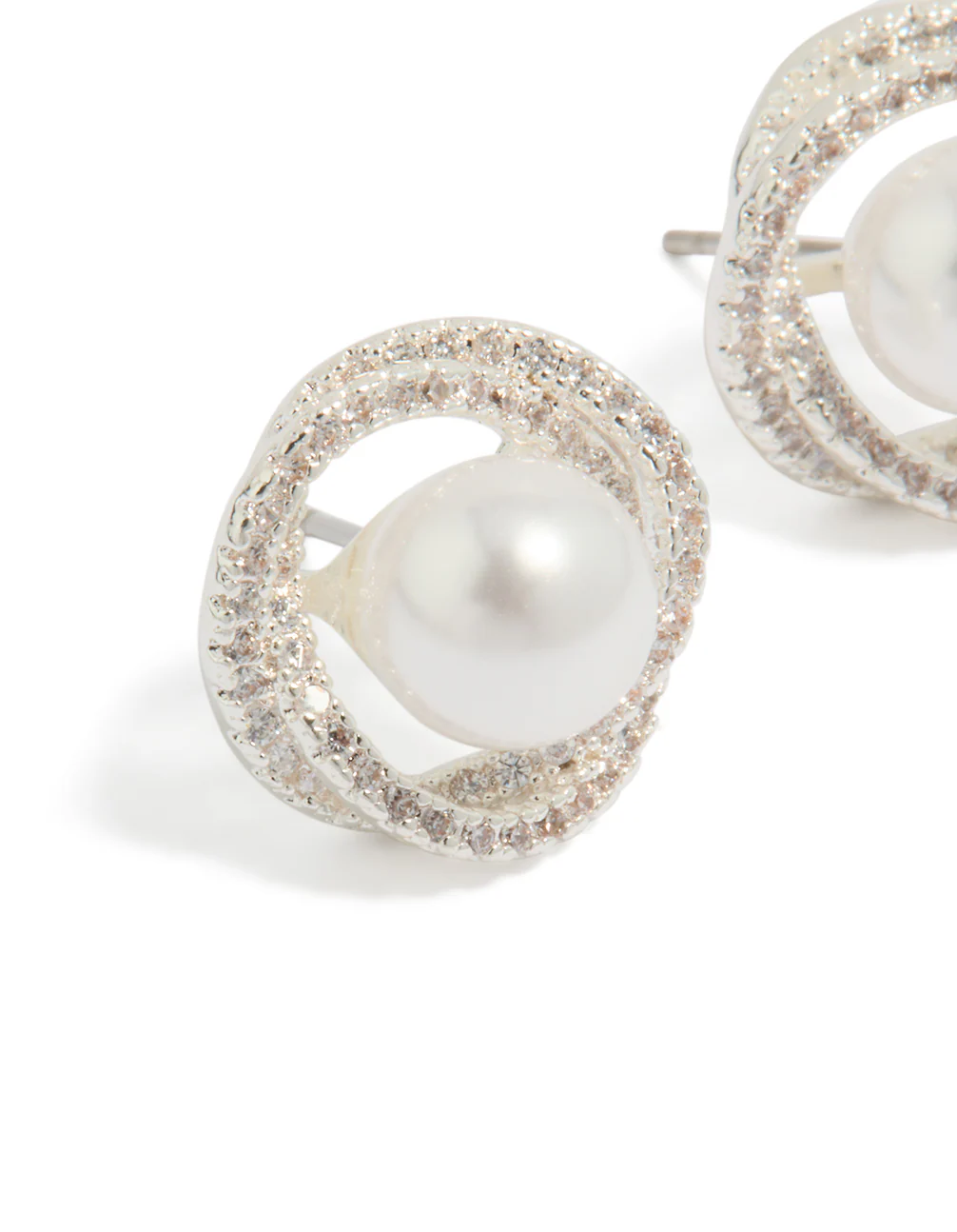 Silver Plated Cubic Zirconia Twist Pearl Stud Earrings - Image 2