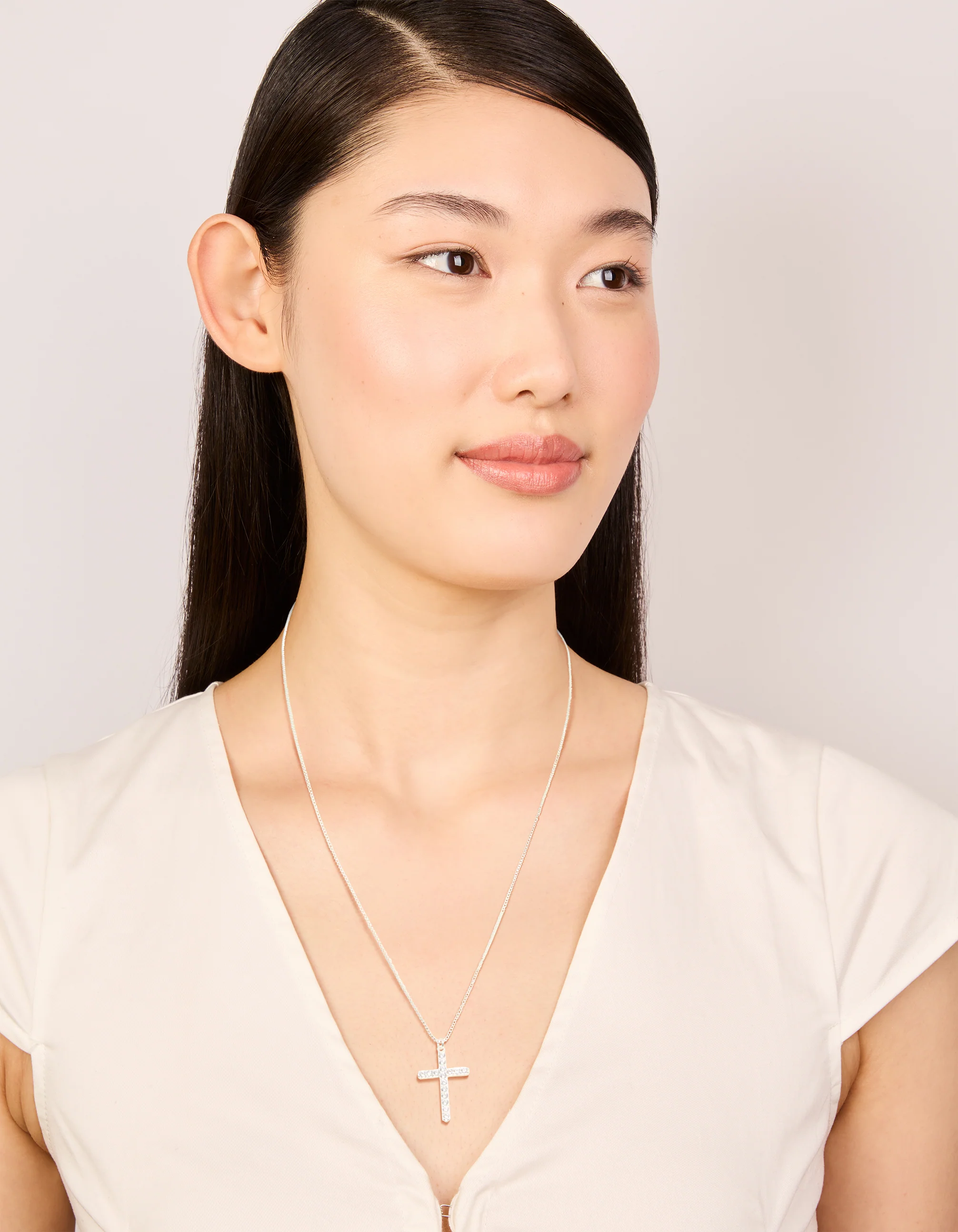 Silver Plated Diamante Cross Fine Chain Necklace - Image 3