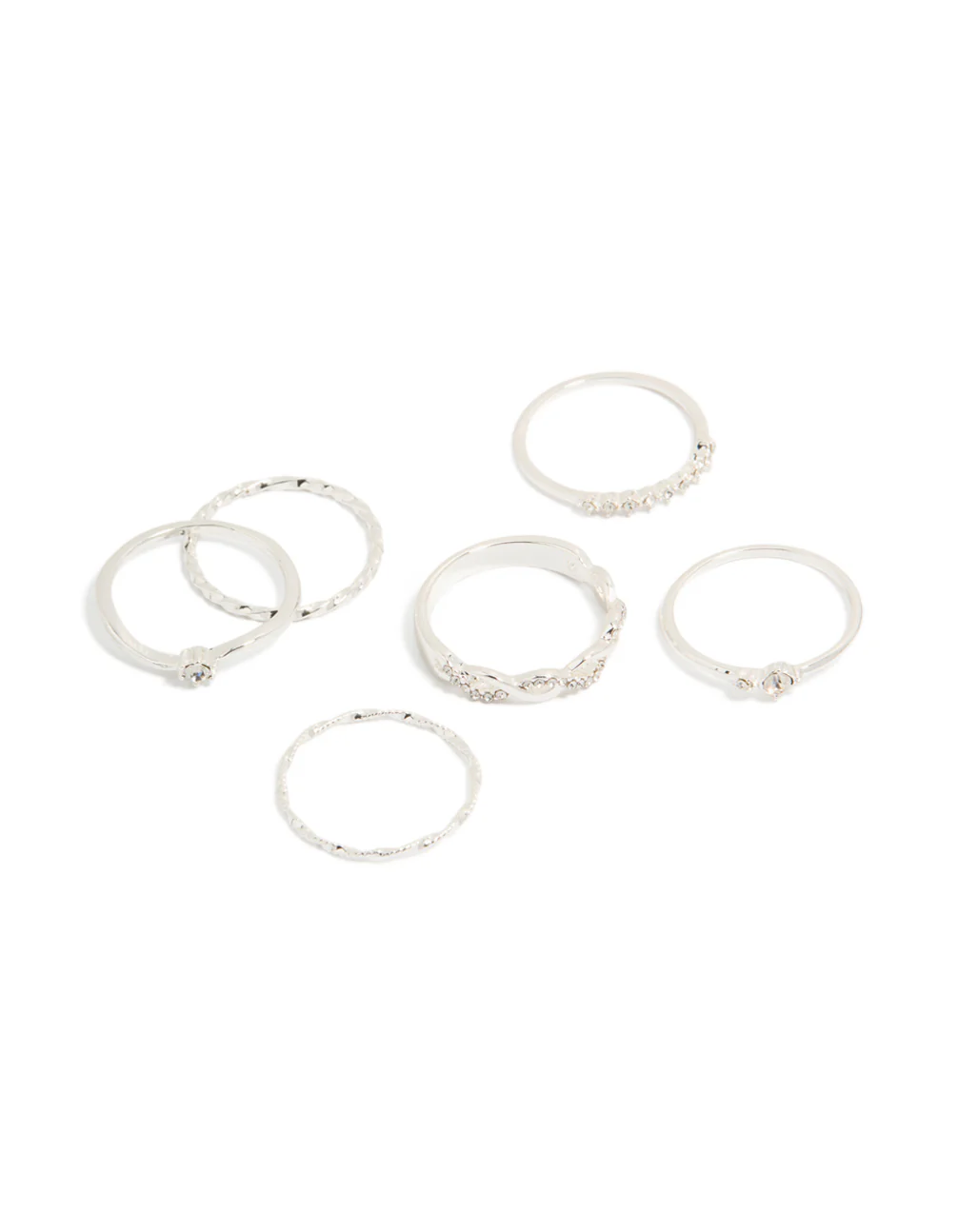 Silver Plated Diamante & Twisted Rings 6-Pack