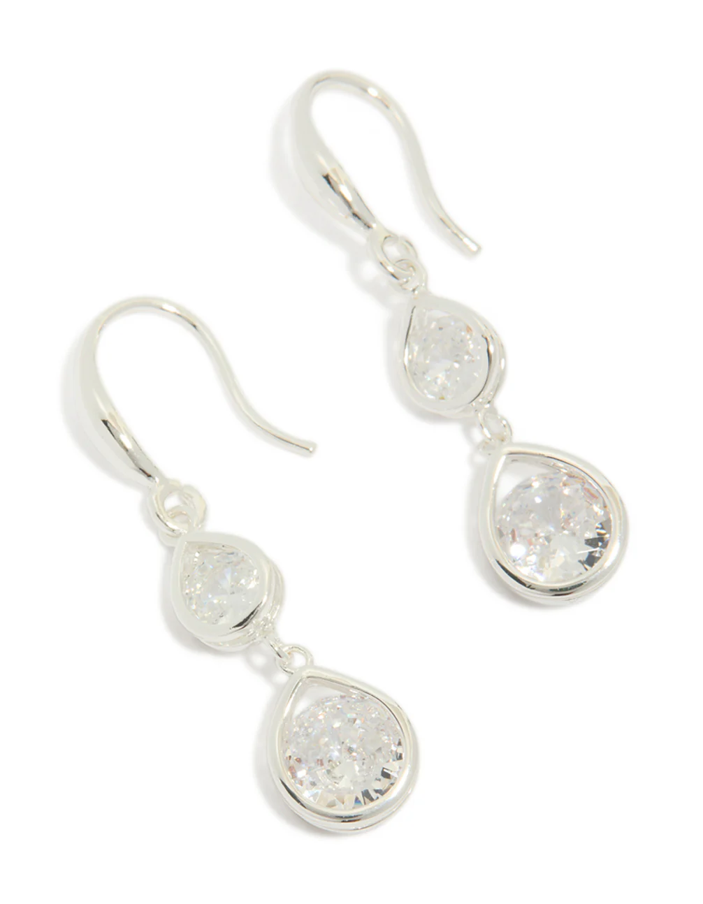 Silver Plated Double Teardrop Cubic Zirconia Hook Earrings
