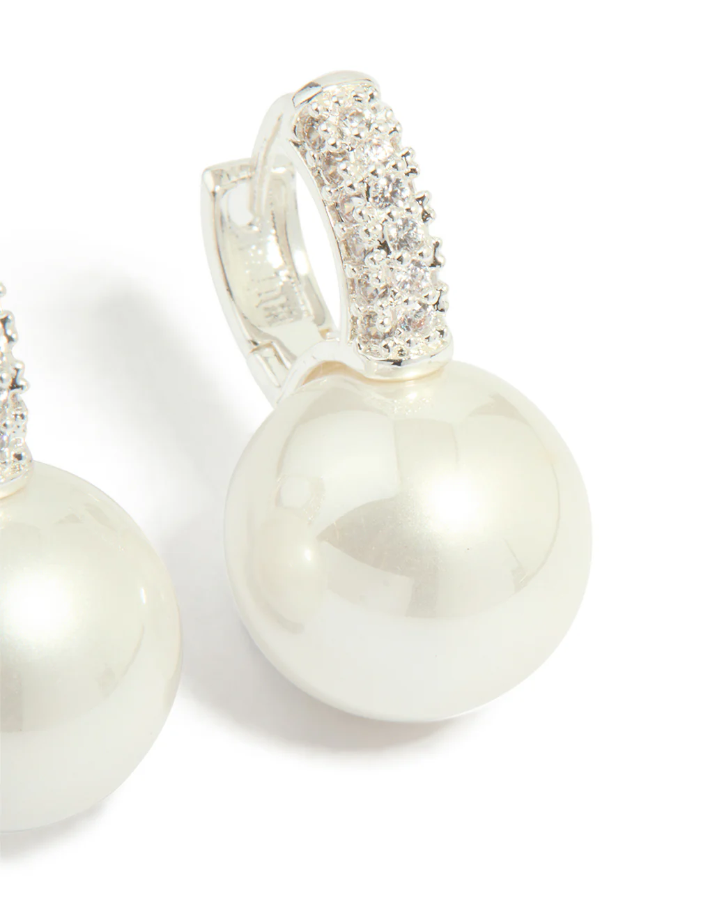 Silver Plated Large Pearl Drop Cubic Zirconia Huggie Earrings - Image 3