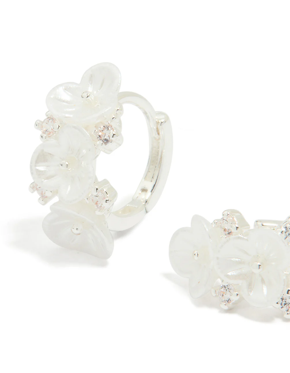 Silver Plated Pearlised Cubic Zirconia Flower Hoop Earrings - Image 2