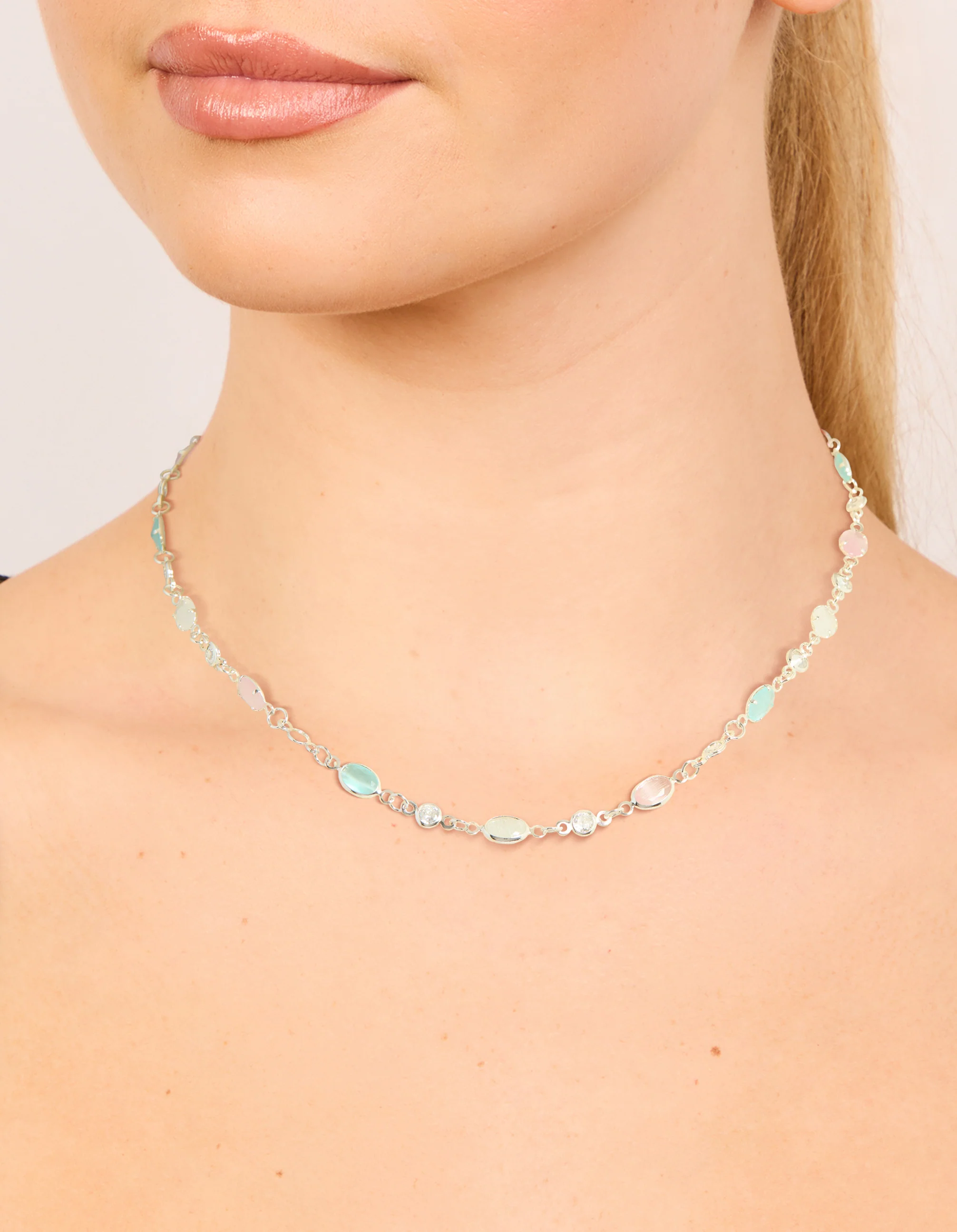 Silver Plated Pink & Blue Cubic Zirconia Mixed Oval Necklace - Image 2
