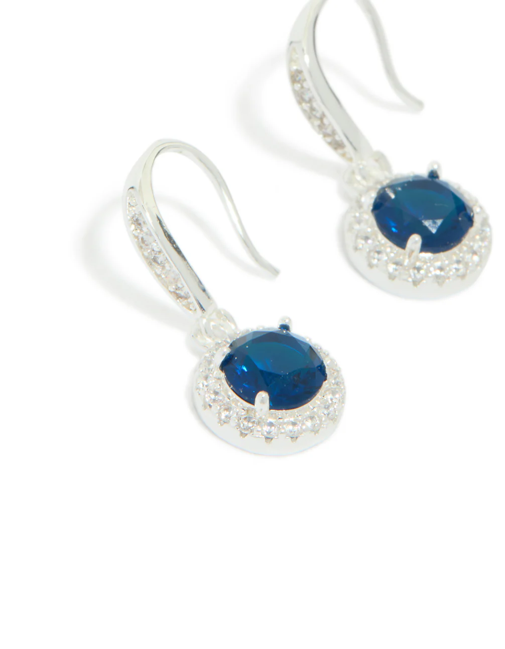 Silver Plated Sapphire Blue Cubic Zirconia Halo Drop Earrings - Image 2