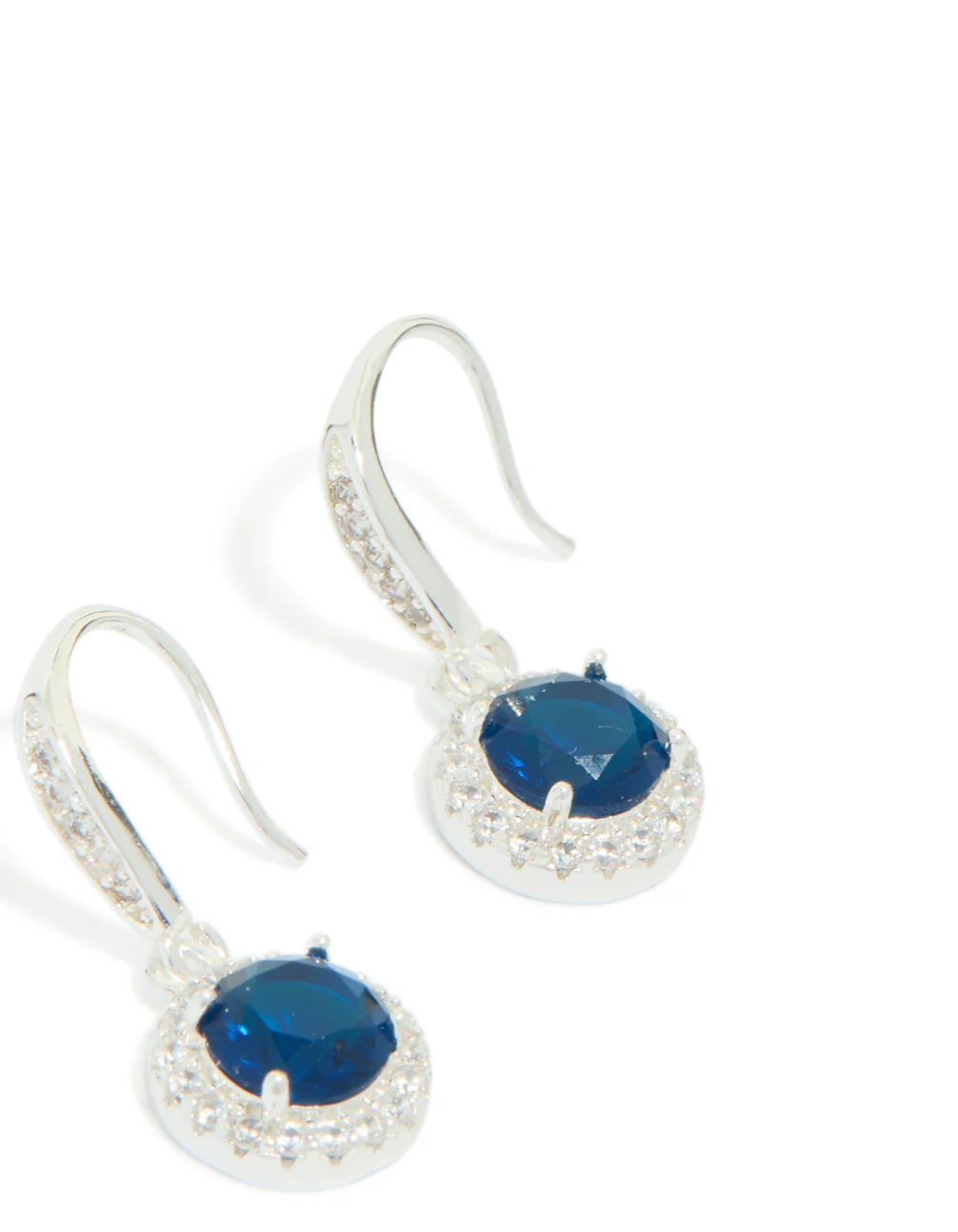 Silver Plated Sapphire Blue Cubic Zirconia Halo Drop Earrings - Image 3