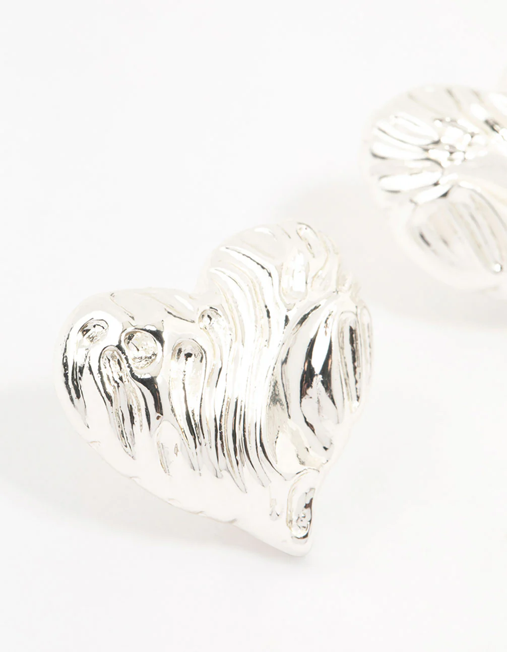 Silver Plated Textured Heart Stud Earrings - Image 2