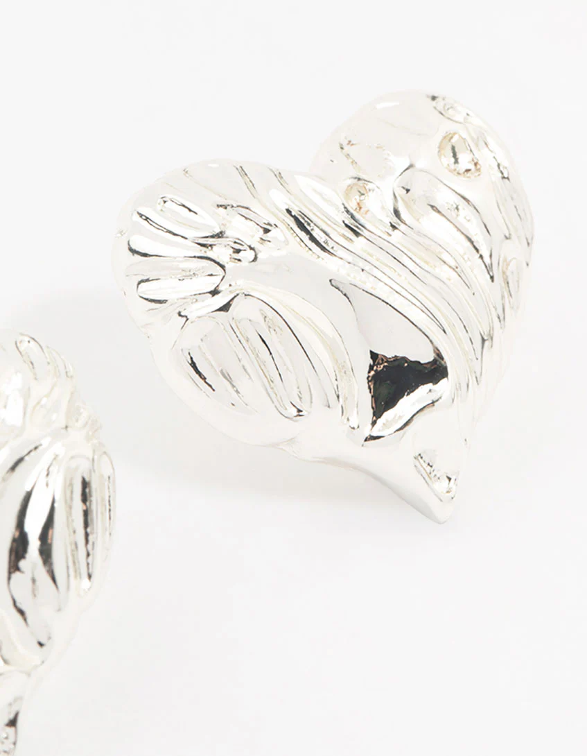 Silver Plated Textured Heart Stud Earrings - Image 3